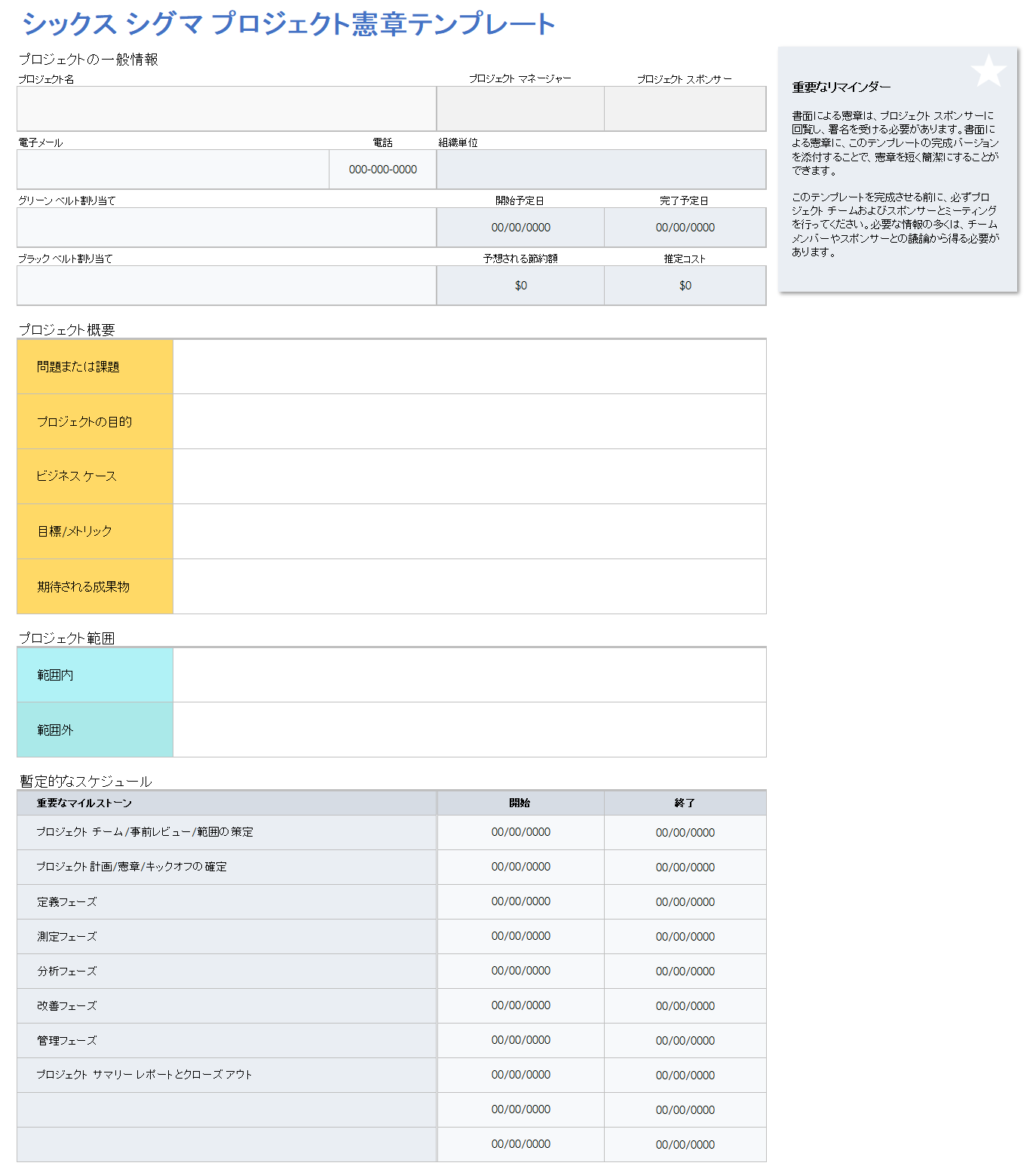 シックス シグマ プロジェクト憲章白紙