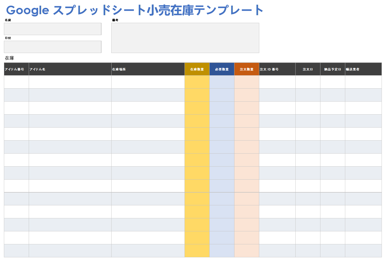  Google スプレッドシート小売在庫テンプレート