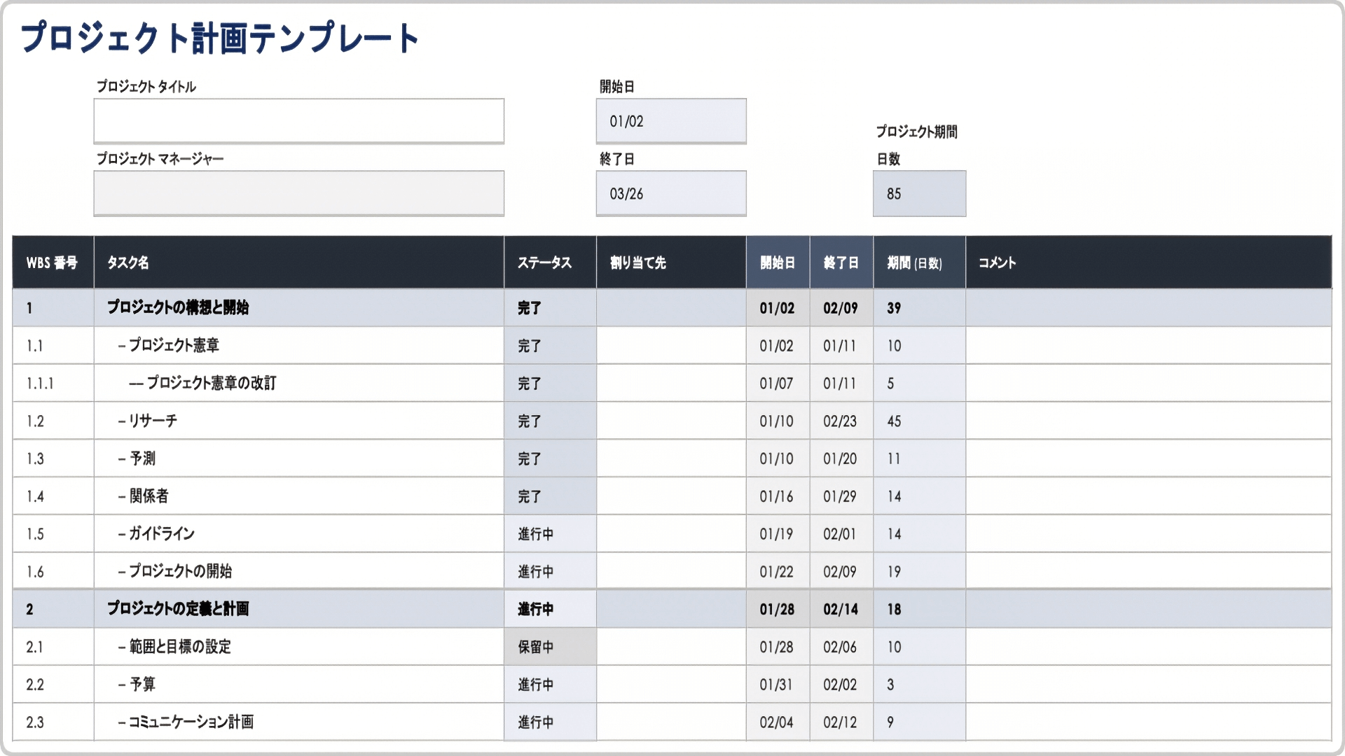  プロジェクト計画テンプレート Excel