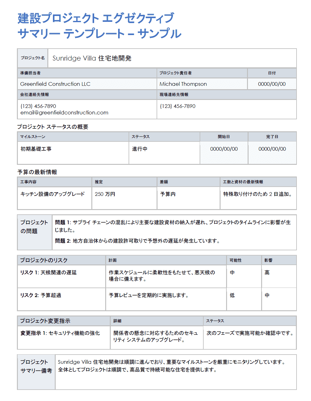  建設プロジェクト概要概要テンプレートの例