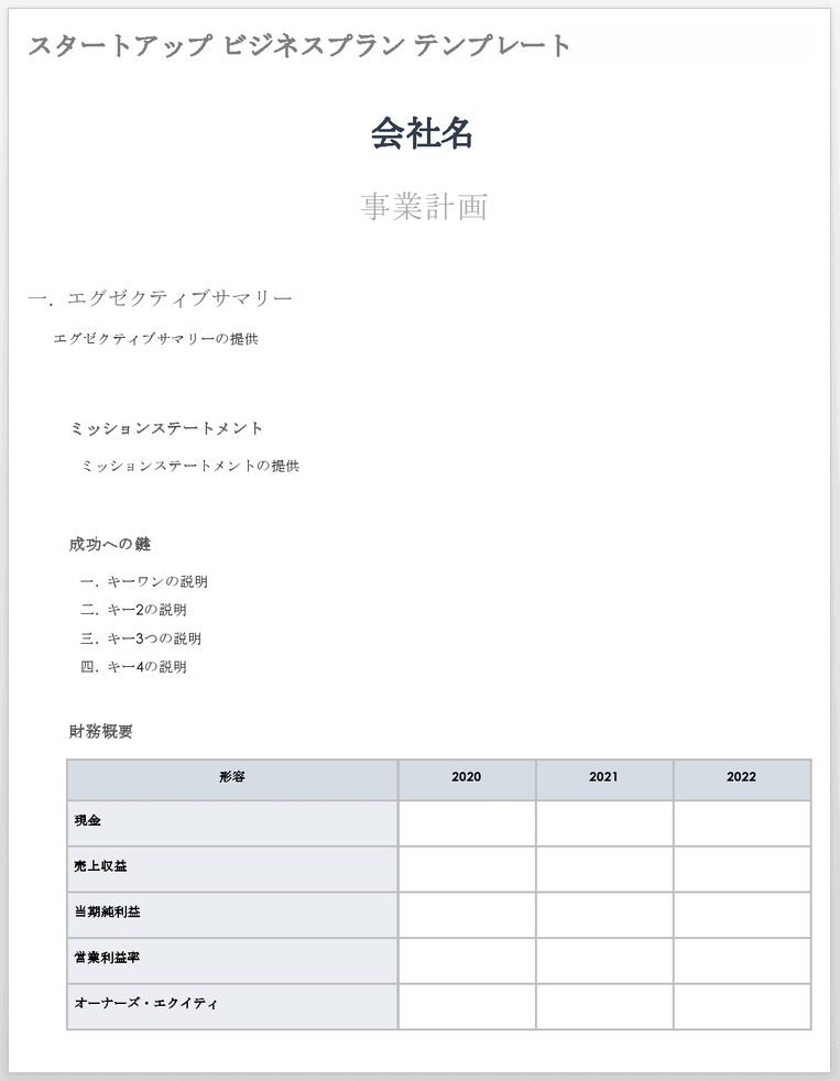 事業計画テンプレートの起動